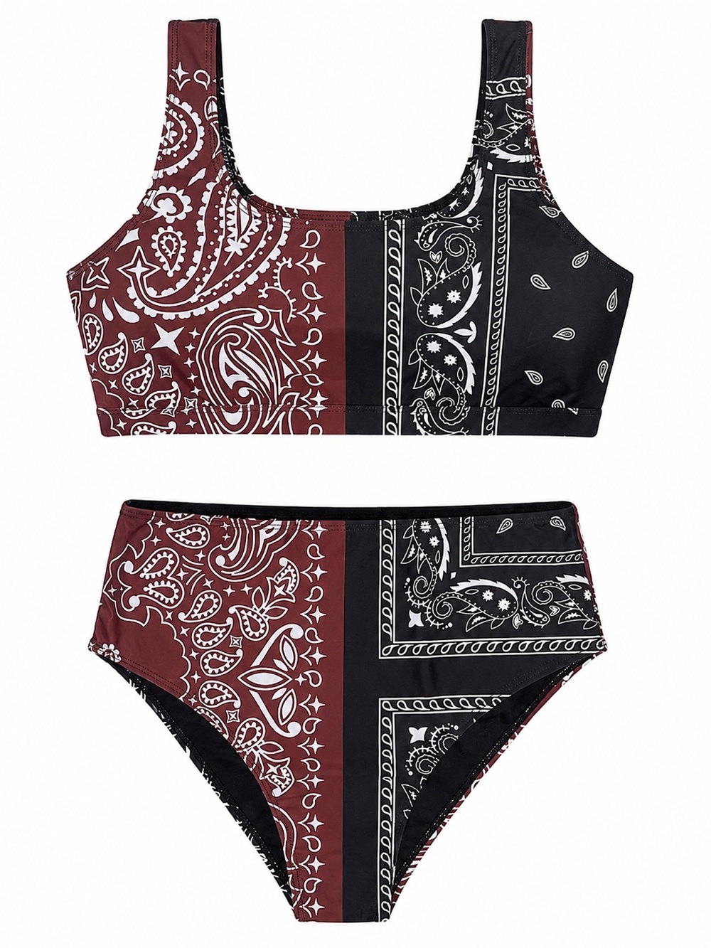 Fashion Nova Bandana Print High Waisted Bikini Set - Black & Brown